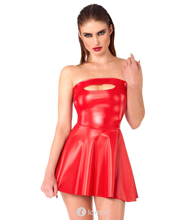 * NOIR handmade Exclusieve Noir Handmade strapless rood tube-minijurk in powerwetlook met cut-out detail