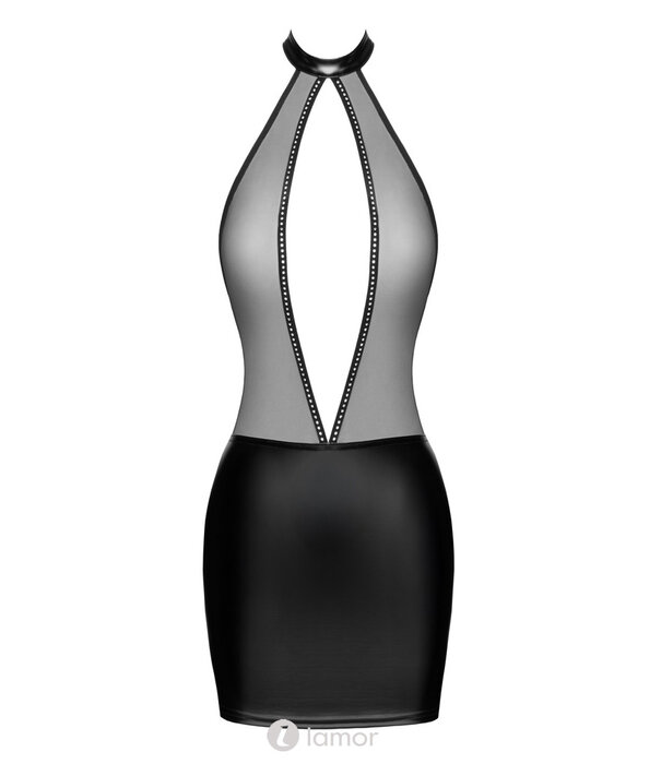 * NOIR handmade Exclusieve Noir Handmade  zwart minijurk in powerwetlook en transparant tule met strass steentjes