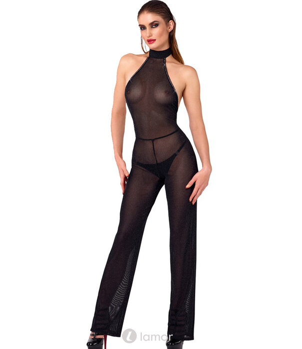 * NOIR handmade  Exclusieve Noir Handmade off-shoulder jumpsuit in zwarte glitter transparantie met strass steentjes en rechte pijpen