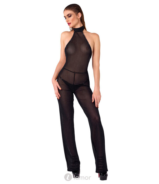 * NOIR handmade  Exclusieve Noir Handmade off-shoulder jumpsuit in zwarte glitter transparantie met strass steentjes en rechte pijpen