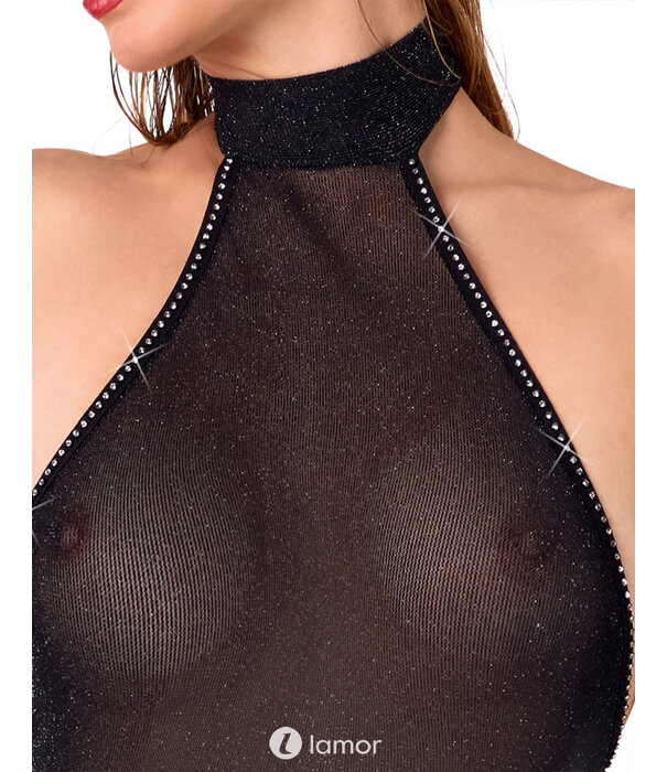 * NOIR handmade  Exclusieve Noir Handmade off-shoulder jumpsuit in zwarte glitter transparantie met strass steentjes en rechte pijpen