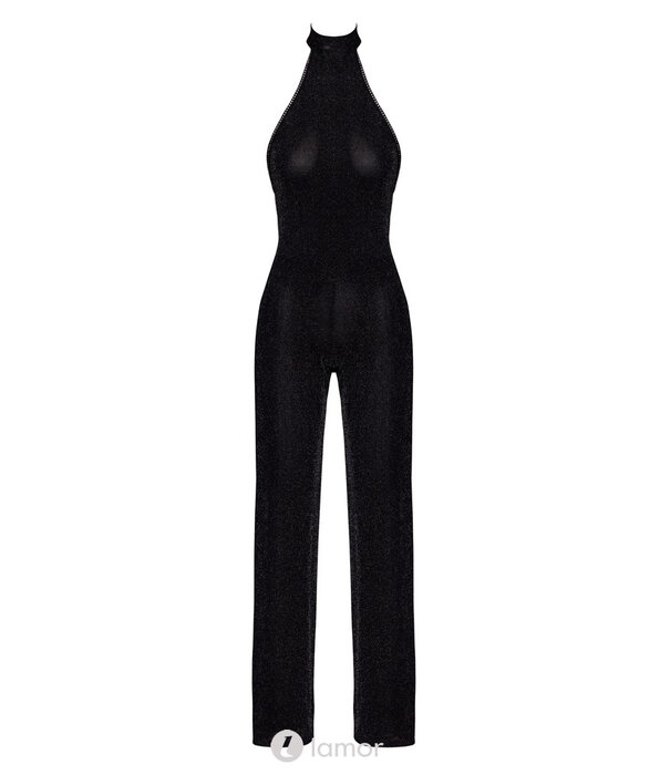 * NOIR handmade  Exclusieve Noir Handmade off-shoulder jumpsuit in zwarte glitter transparantie met strass steentjes en rechte pijpen