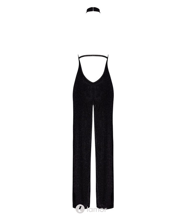 * NOIR handmade  Exclusieve Noir Handmade off-shoulder jumpsuit in zwarte glitter transparantie met strass steentjes en rechte pijpen