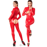 Exclusieve Noir rood ouvert catsuit in glanzende powerwetlook met lange mouwen en benen