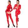 Exclusieve Noir rood ouvert catsuit in glanzende powerwetlook met lange mouwen en benen