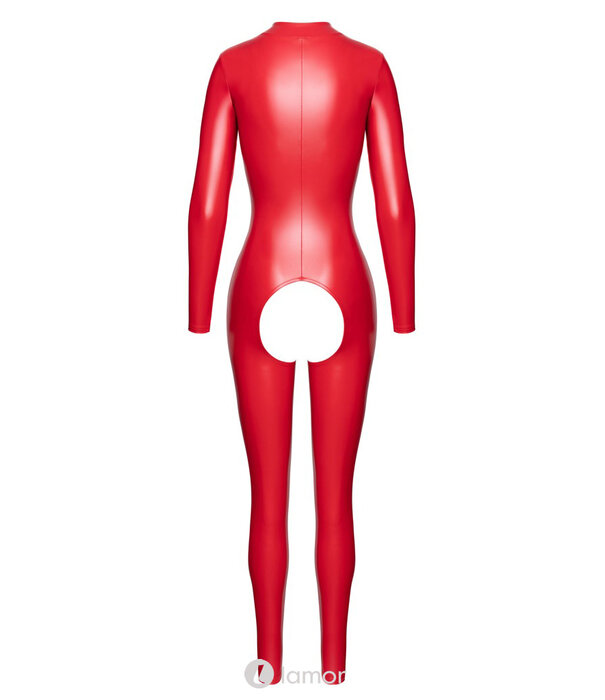 * NOIR handmade Exclusieve Noir rood ouvert catsuit in glanzende powerwetlook met lange mouwen en benen