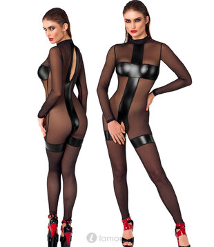 Transparant ouvert catsuit met wetlook, F2730871