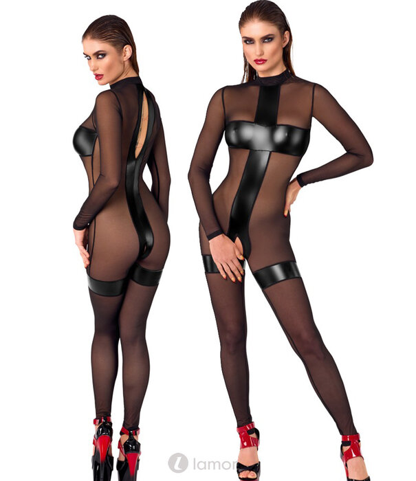 * NOIR handmade  Exclusieve Noir off-shoulder jumExclusieve Noir zwart transparant ouvert catsuit met powerwetlook inzetten en jarretels