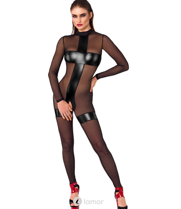 * NOIR handmade  Exclusieve Noir off-shoulder jumExclusieve Noir zwart transparant ouvert catsuit met powerwetlook inzetten en jarretels
