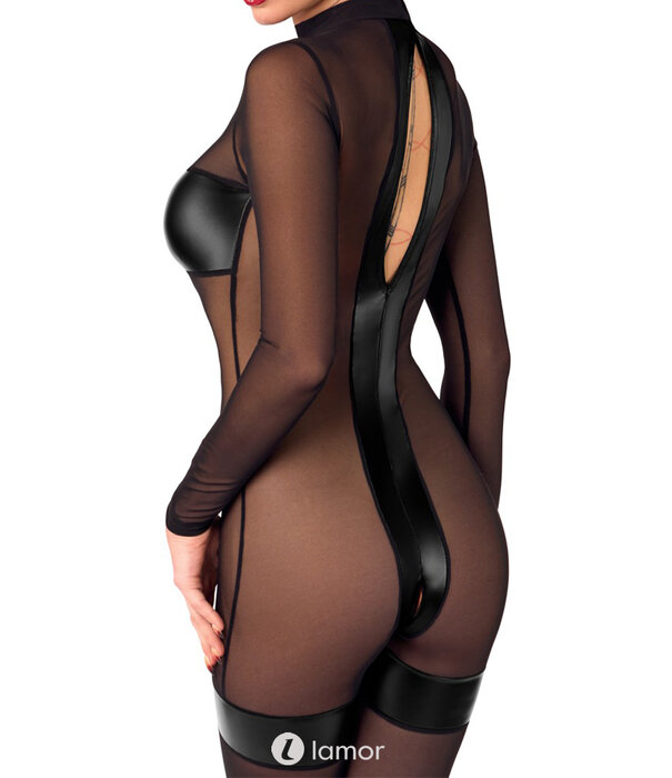 * NOIR handmade  Exclusieve Noir off-shoulder jumExclusieve Noir zwart transparant ouvert catsuit met powerwetlook inzetten en jarretels