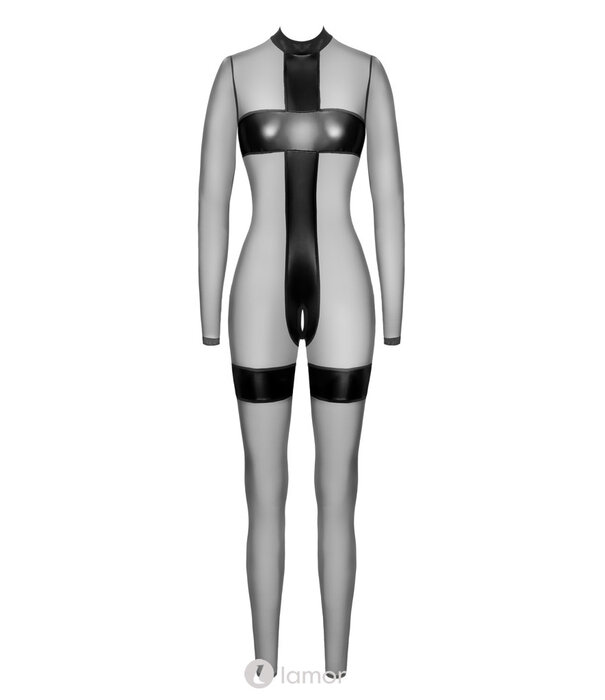 * NOIR handmade  Exclusieve Noir off-shoulder jumExclusieve Noir zwart transparant ouvert catsuit met powerwetlook inzetten en jarretels