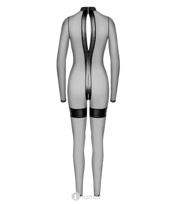 * NOIR handmade  Exclusieve Noir off-shoulder jumExclusieve Noir zwart transparant ouvert catsuit met powerwetlook inzetten en jarretels