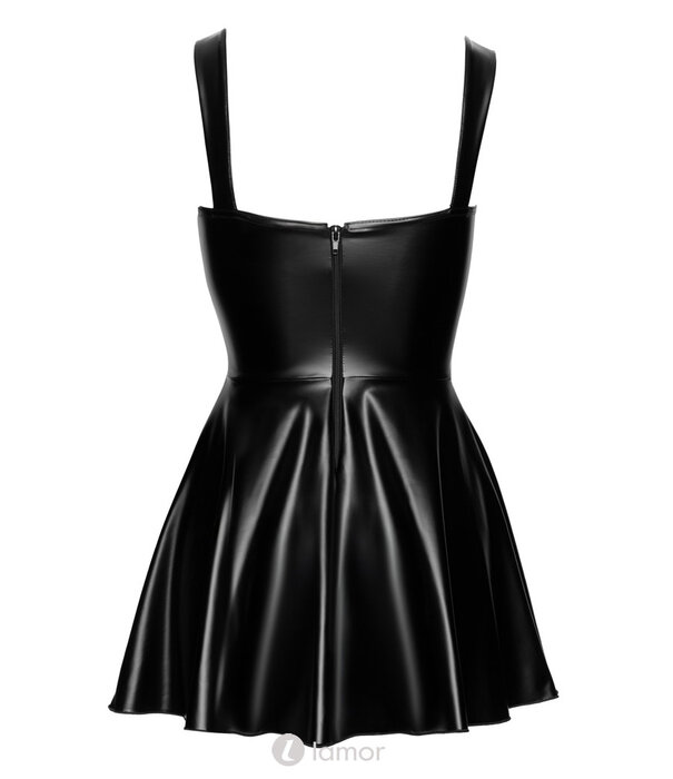 * NOIR handmade Exclusieve Noir zwart mini-jurk in powerwetlook met schouderbandjes, vetersluiting en uitlopend rokje
