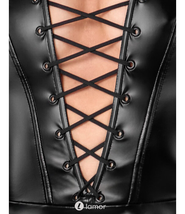 * NOIR handmade Exclusieve Noir zwart mini-jurk in powerwetlook met schouderbandjes, vetersluiting en uitlopend rokje