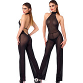 Exclusieve Noir Handmade off-shoulder jumpsuit in zwarte glitter transparantie met strass steentjes en rechte pijpen