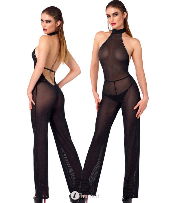 * NOIR handmade  Exclusieve Noir Handmade off-shoulder jumpsuit in zwarte glitter transparantie met strass steentjes en rechte pijpen