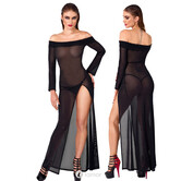 Noir Handmade Enkellange Jurk van zwarte glitter-transparantie met Carmen-halslijn, trompetmouwen en hoge split