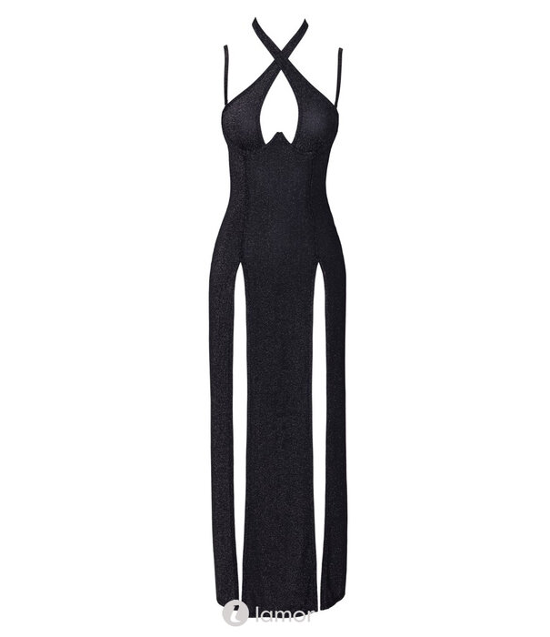 * COTTELLI  Cottelli Party lang zwart glitterjurk met zilverglans, balconette cups, neckholder en dubbele hoge split