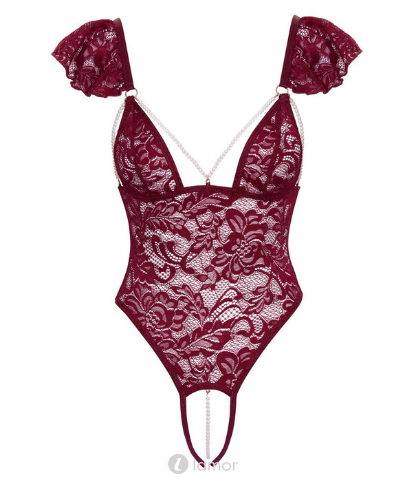 * COTTELLI  Verleidelijke bordeauxrode stringbody ouvert van Cottelli Lingerie met schouderkant, afneembare parelkettingen en roségouden details
