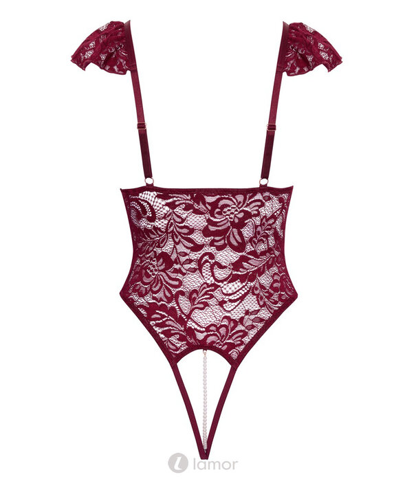 * COTTELLI  Verleidelijke bordeauxrode stringbody ouvert van Cottelli Lingerie met schouderkant, afneembare parelkettingen en roségouden details
