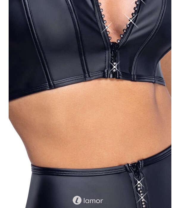 * COTTELLI  Verleidelijke 3-delige set van Cottelli Lingerie met corsagentop, strapsgordel en string in zwart mattlook met fonkelende strass-ritsen