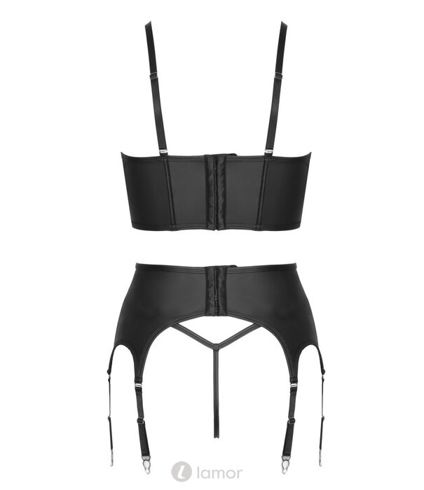 * COTTELLI  Verleidelijke 3-delige set van Cottelli Lingerie met corsagentop, strapsgordel en string in zwart mattlook met fonkelende strass-ritsen