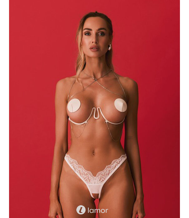 * OBSESSIVE Luxe Harnas Bra Lustique van Obsessive in wit met ouvert design, zilverkleurige kettinkjes en handgemaakte premium afwerking