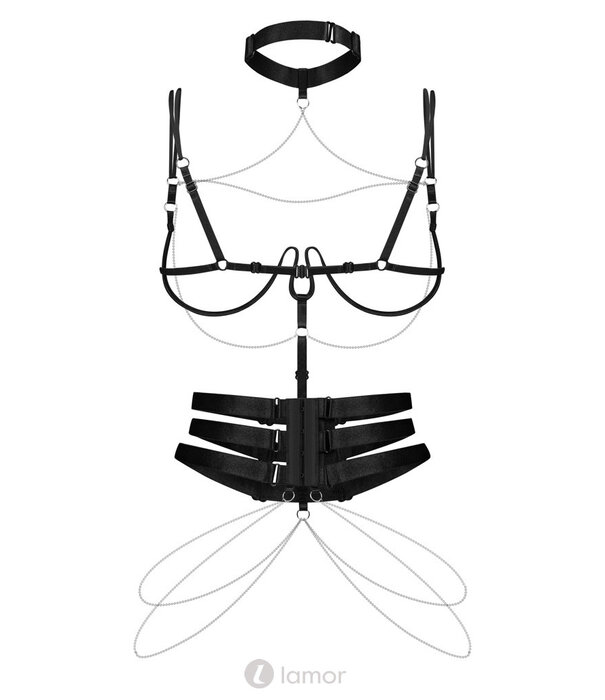 * OBSESSIVE Luxe zwarte Harnas Premisis van Obsessive met choker, ouvert-BH, 3-riemen taillengordel en zilverkleurige kettinkjes in premium kwaliteit
