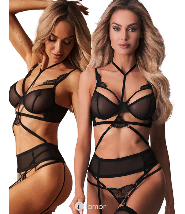 * OBSESSIVE Obsessive Premium Set Premisis – Sensueel BH-set met beugel-BH, strapsgordel en ouvert-string met choker-halsband en verstelbare details