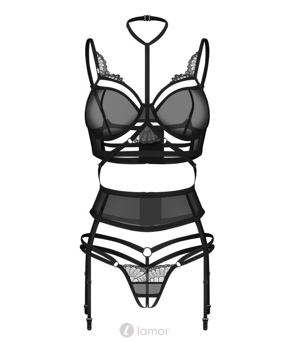 * OBSESSIVE Obsessive Premium Set Premisis – Sensueel BH-set met beugel-BH, strapsgordel en ouvert-string met choker-halsband en verstelbare details