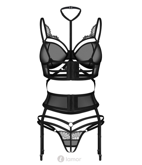 * OBSESSIVE Obsessive Premium Set Premisis – Sensueel BH-set met beugel-BH, strapsgordel en ouvert-string met choker-halsband en verstelbare details
