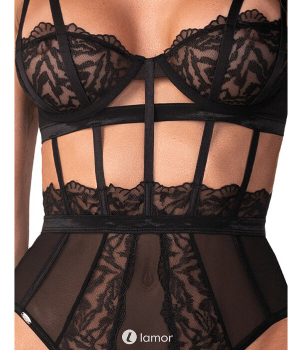 * OBSESSIVE Obsessive Hersis Body – Kruisloze body van kant met beugelcups, verstelbare bandjes en sensuele transparantie