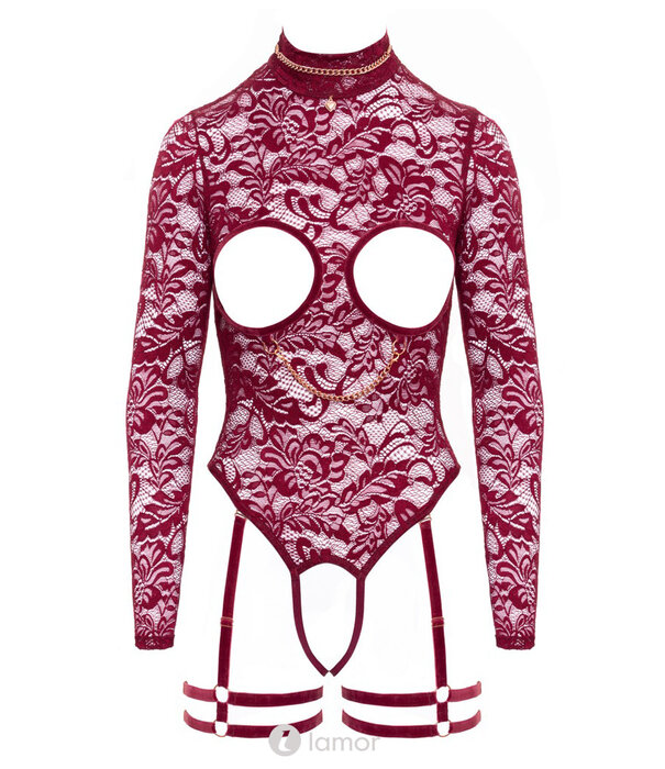 * ABIERTA FINA Exclusieve Abierta Fina Ouvert Body in bourgondisch rood kant met cut-outs, roségouden kettingen, jarretel-harnas en open kruis