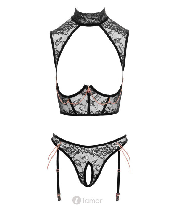 * ABIERTA FINA Verleidelijk Abierta Fina Ouvert-Set met bustless Top, openkruis jarretel-slip, roségoudkleurige kettingen & luxe details
