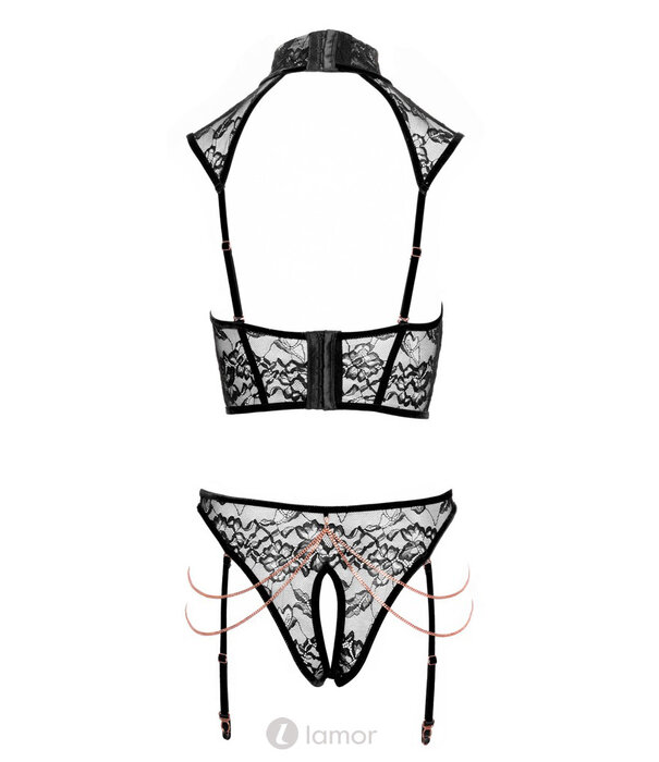 * ABIERTA FINA Verleidelijk Abierta Fina Ouvert-Set met bustless Top, openkruis jarretel-slip, roségoudkleurige kettingen & luxe details