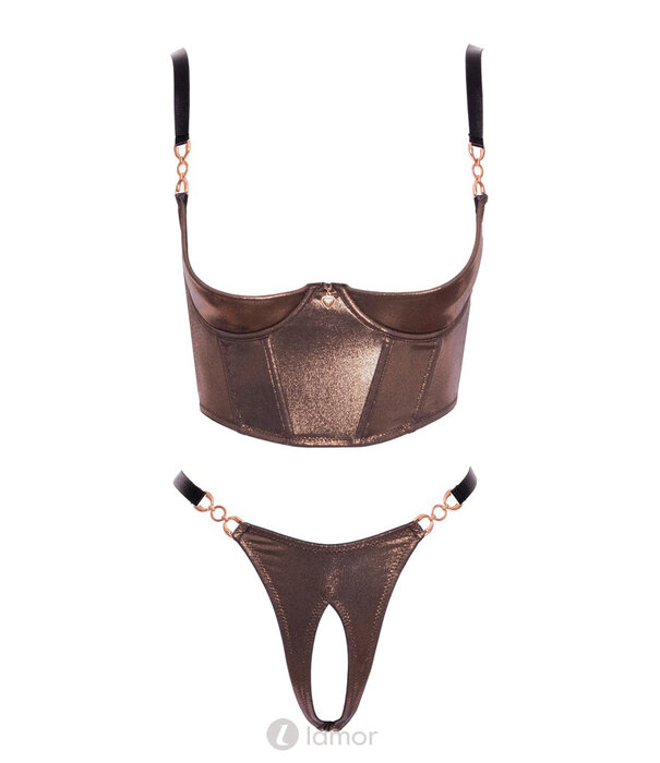 * ABIERTA FINA Luxe Abierta Fina Ouvert-Set met push-up BH en open Riostring in glanzend bronzegoud met roségouden details