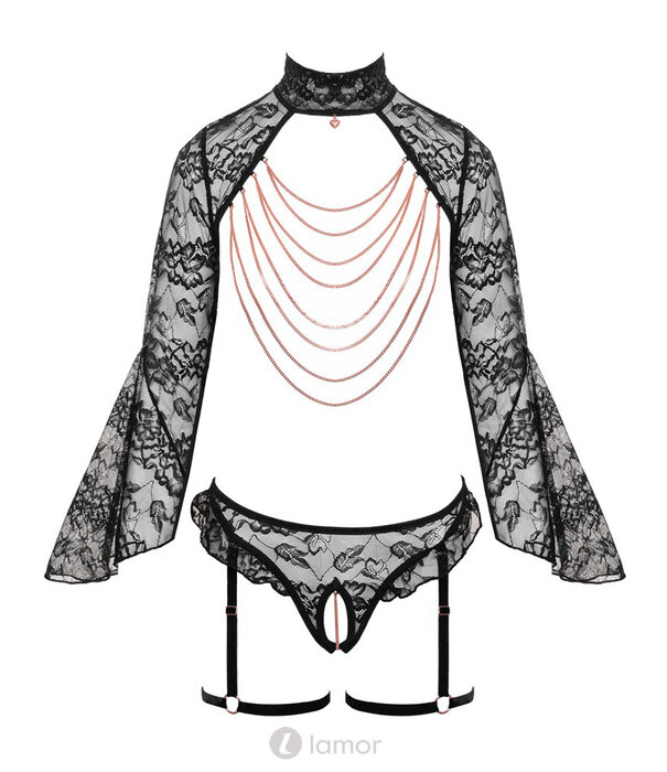 * ABIERTA FINA Verleidelijk Abierta Fina Ouvert-Set met bustless Bolero-Top, openkruis jarretel-slip, roségoudkleurige kettingen & luxe details