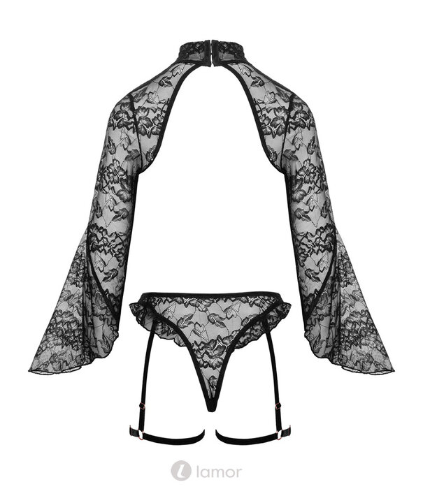 * ABIERTA FINA Verleidelijk Abierta Fina Ouvert-Set met bustless Bolero-Top, openkruis jarretel-slip, roségoudkleurige kettingen & luxe details