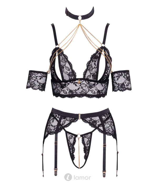 * ABIERTA FINA Luxe Abierta Fina Jarretel-Set met BH-Top, Jarretelgordel, Ouvert String, Halsband & Armsleeves