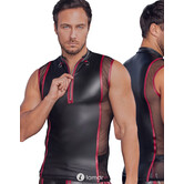 NEK mouwloos shirt in zwart-rode mattlook met korte rits en decoratieve ringen