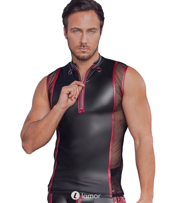 * NEK NEK mouwloos shirt in zwart-rode mattlook met korte rits en decoratieve ringen