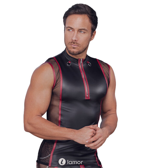 * NEK NEK mouwloos shirt in zwart-rode mattlook met korte rits en decoratieve ringen