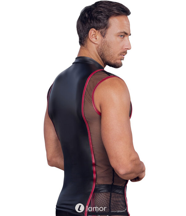 * NEK NEK mouwloos shirt in zwart-rode mattlook met korte rits en decoratieve ringen