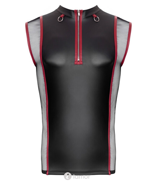 * NEK NEK mouwloos shirt in zwart-rode mattlook met korte rits en decoratieve ringen