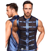 NEK mouwloos shirt in blauw metallic mattlook met powernet en riemdetails