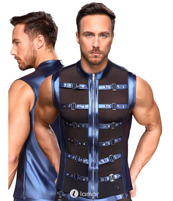 * NEK NEK mouwloos shirt in blauw metallic mattlook met powernet en riemdetails