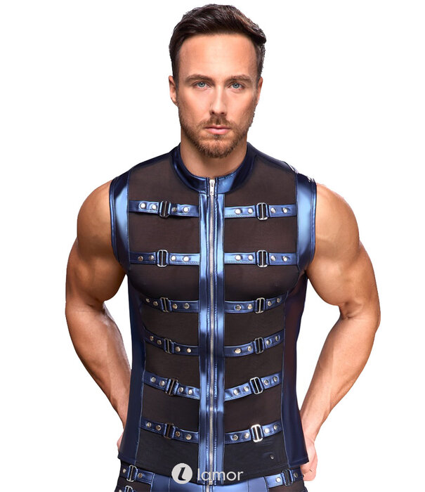 * NEK NEK mouwloos shirt in blauw metallic mattlook met powernet en riemdetails