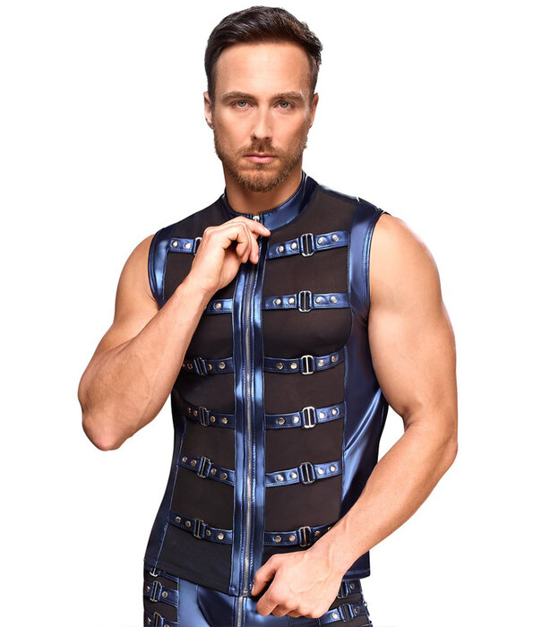 * NEK NEK mouwloos shirt in blauw metallic mattlook met powernet en riemdetails