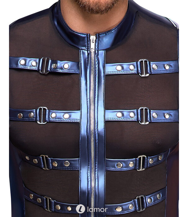 * NEK NEK mouwloos shirt in blauw metallic mattlook met powernet en riemdetails