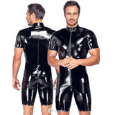 Zwarte glanzende lak jumpsuit met korte mouwen en pijpen en 3-wegrits van Black Level